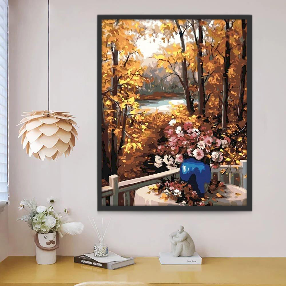 Crisantemos sobre Mesa en Bosque Pintar por Números