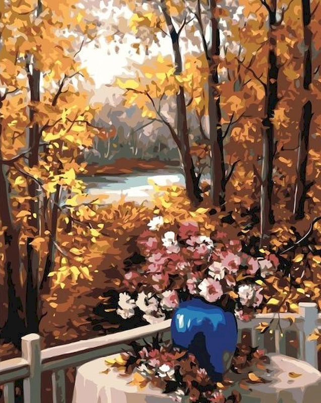Crisantemos sobre Mesa en Bosque Pintar por Números