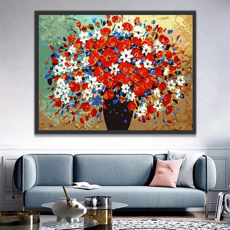 Crisantemos y Amapolas en Florero Negro Pintar por Números