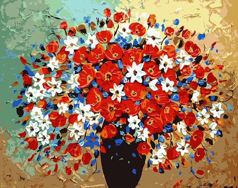 Crisantemos y Amapolas en Florero Negro Pintar por Números