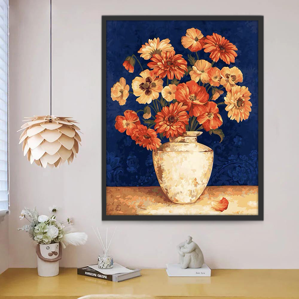 Crisantemos y Amapolas en Jarrón Amarillo con Fondo Azul Pintar por Números