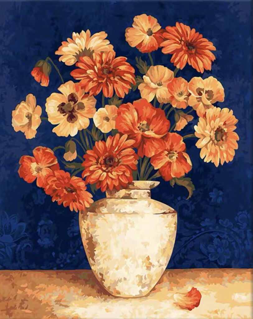 Crisantemos y Amapolas en Jarrón Amarillo con Fondo Azul Pintar por Números