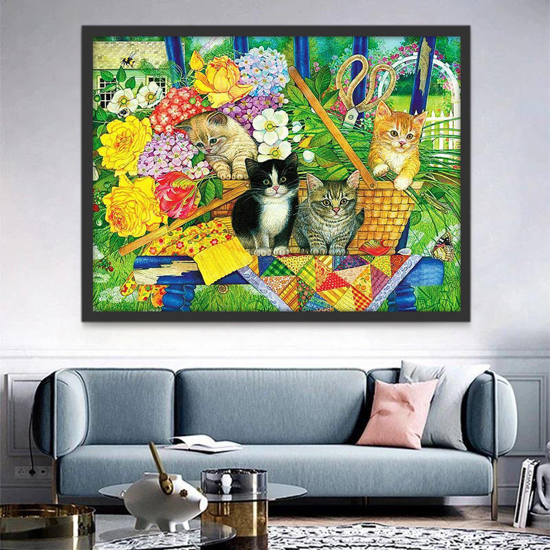 Cuatro Gatos en la Canastilla de Flores Pintar por Números