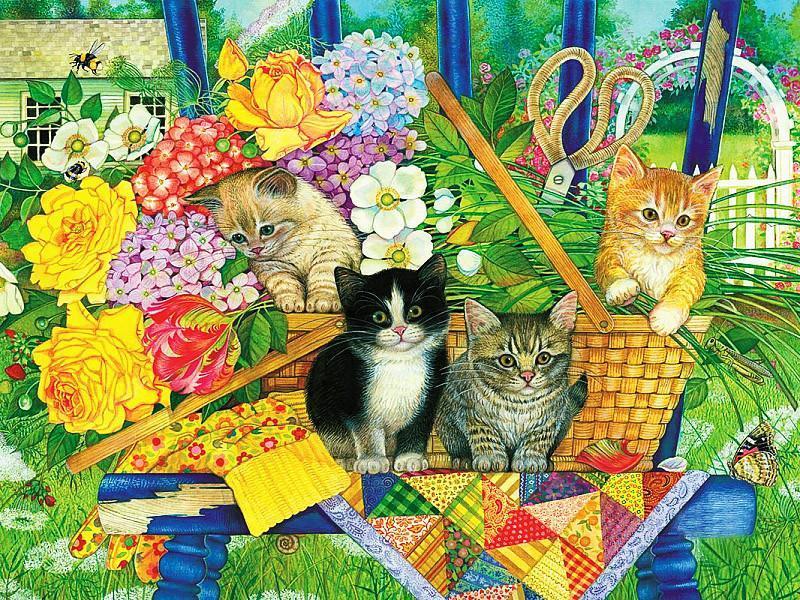 Cuatro Gatos en la Canastilla de Flores Pintar por Números