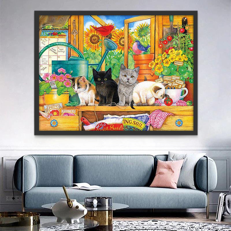 Cuatro Gatos Sentados sobre la Mesa de Habitación Pintar por Números