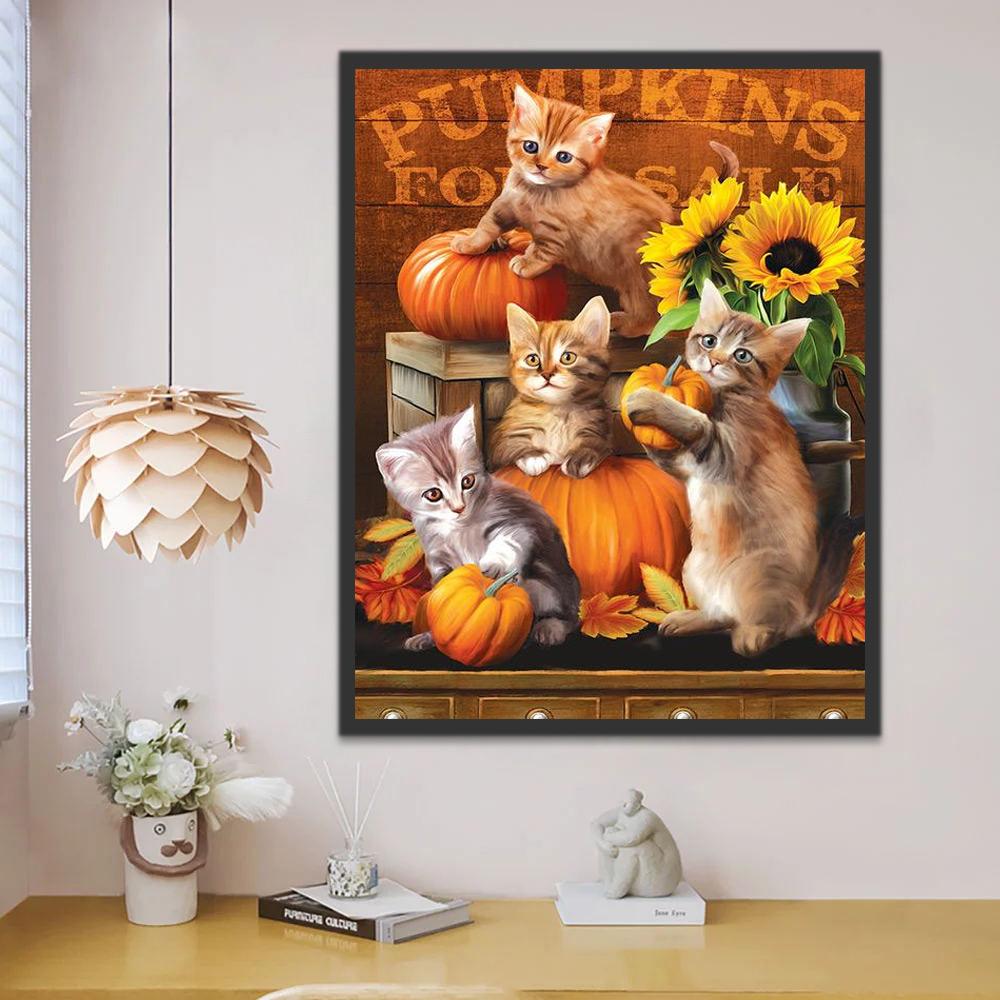 Cuatro Gatos y Calabazas Pintar por Números