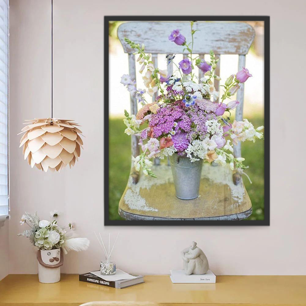 Cubo de Ramo de Flores sobre Silla de Madera Pintar por Números