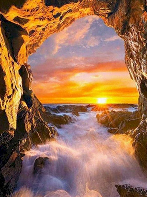 Cueva y Arroyo y Puesta del Sol Pintar por Números