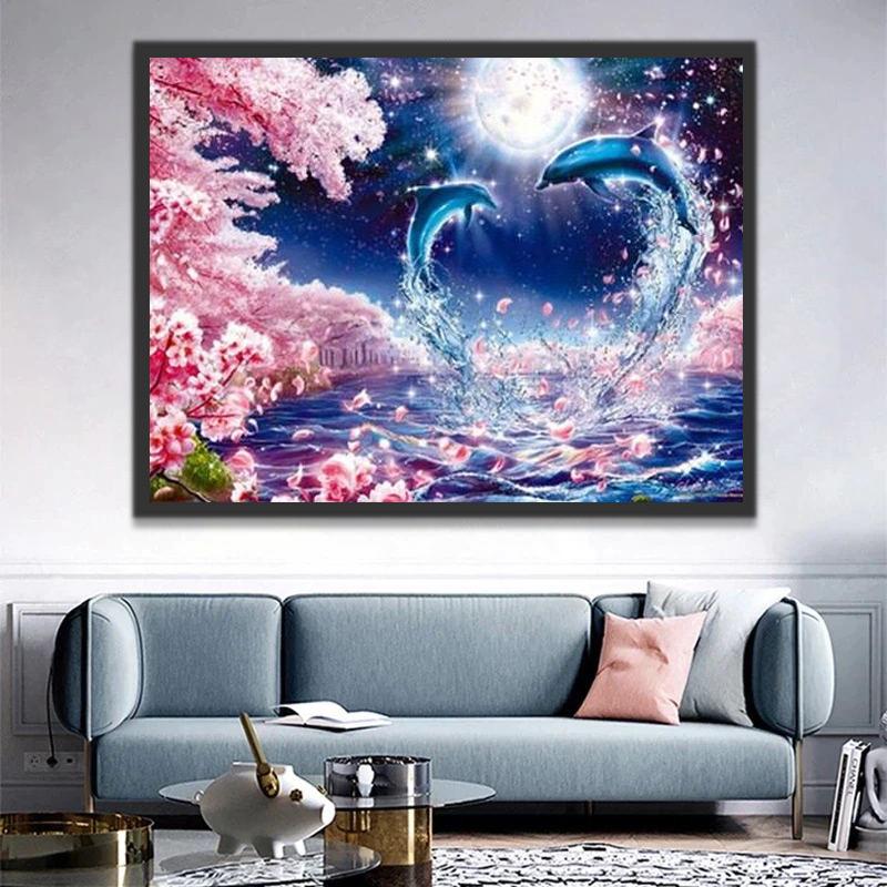 Delfines en Amor y Flores Rosas en la Noche Pintar por Números