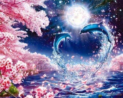 Delfines en Amor y Flores Rosas en la Noche Pintar por Números