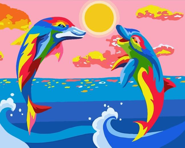 Delfines en Color y Puesta del Sol Pintar por Números Niños