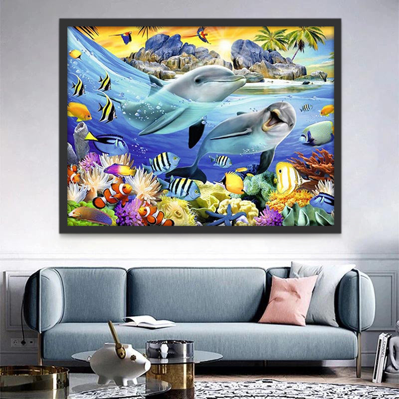Delfines en Mar con Peces y Corales Pintar por Números