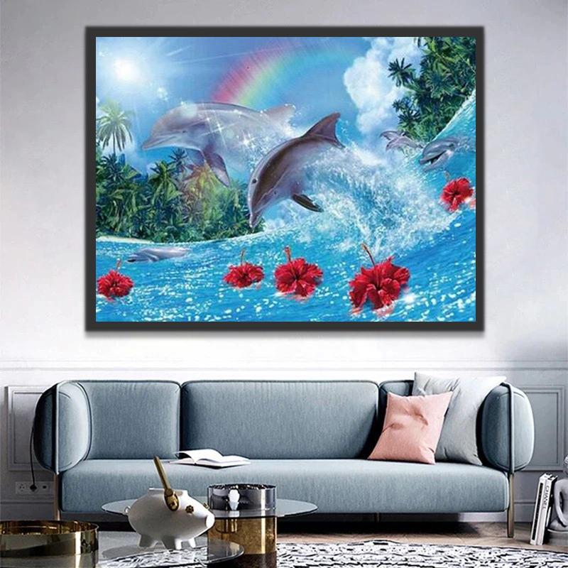 Delfines en Olas Marinas y Arco Iris y Flores Rojas en el Mar Pintar por Números