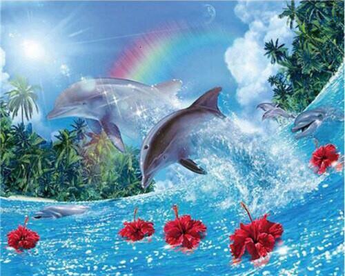 Delfines en Olas Marinas y Arco Iris y Flores Rojas en el Mar Pintar por Números