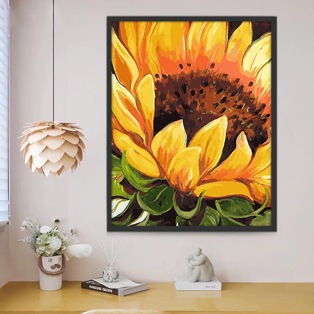 Detalle de Girasol Pintado al Óleo Pintar por Números