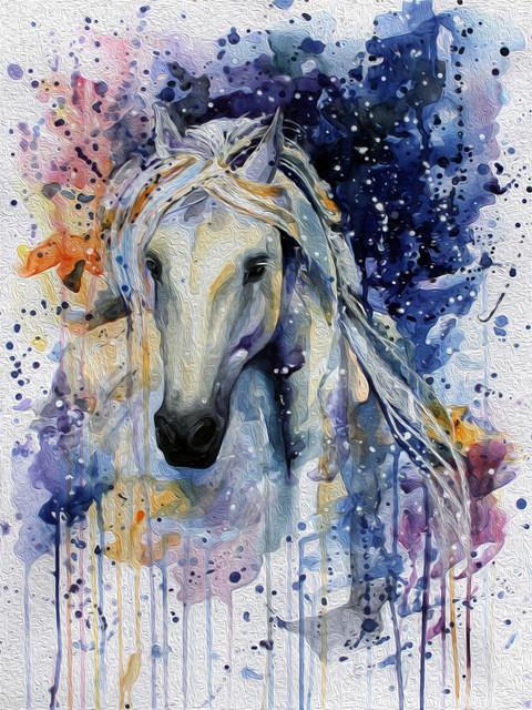 Dibujo de Acuarela de Caballo Blanco con Fondo Azul Pintar por Números