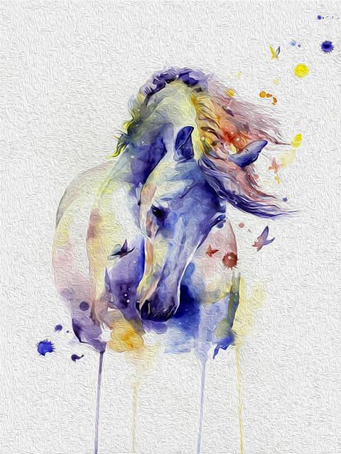 Dibujo de Acuarela de Caballo Morado y Mariposas Pintar por Números