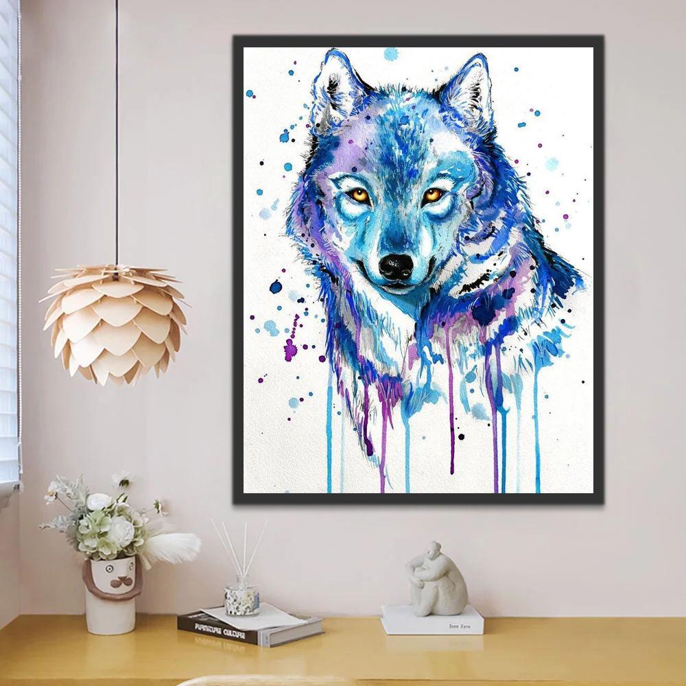 Dibujo de Acuarela de Lobo de Color Azul y Morado Pintar por Números