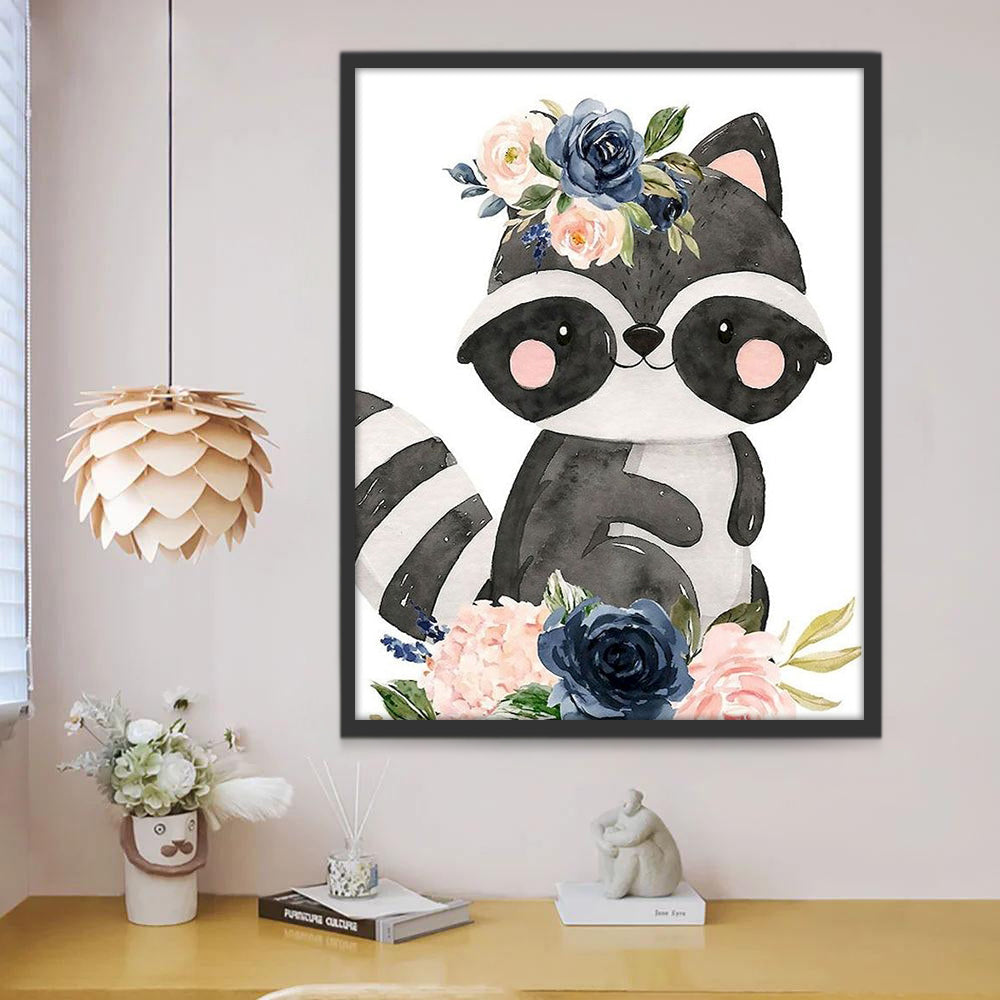 Dibujo de Mapache Lindo con Flores Pintar por Números