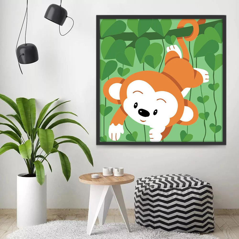 Dibujo de Mono Lindo Colgando Rama de Hojas Verdes Pintar por Números