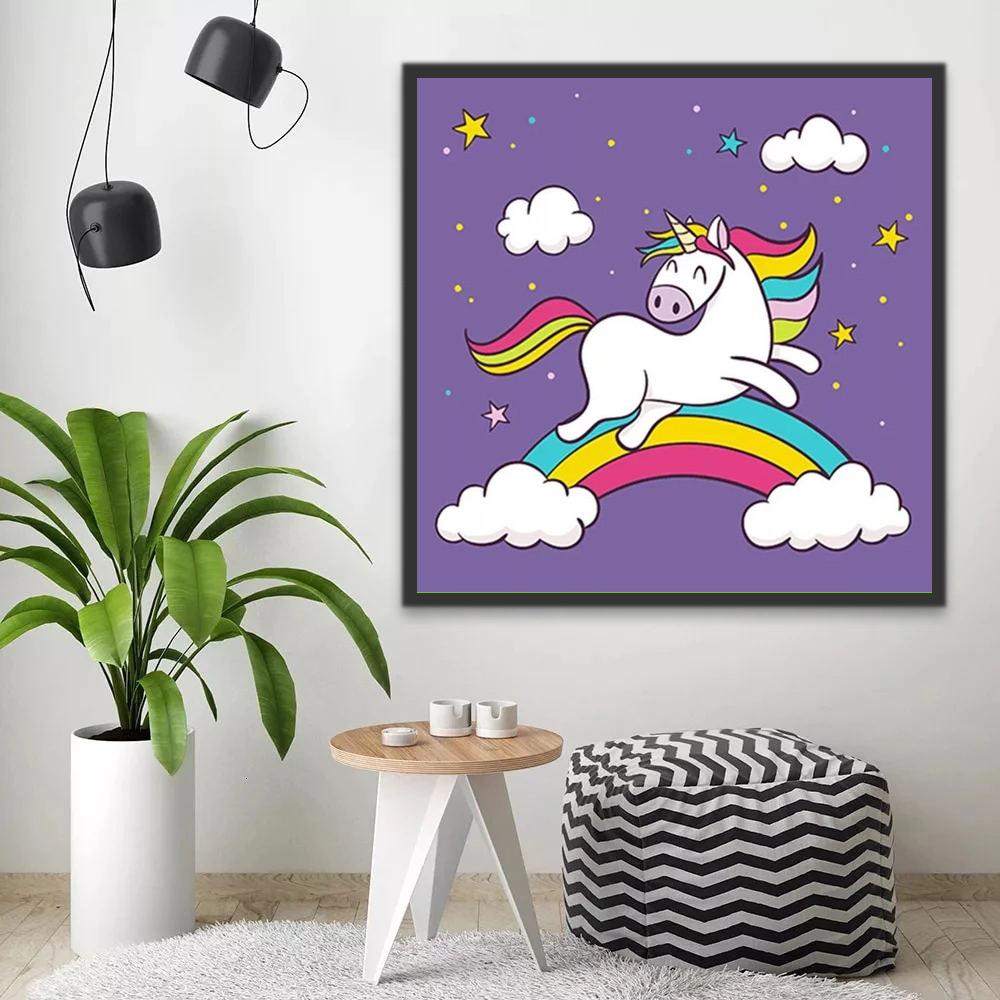 Dibujo de Unicornio sobre Nubes en el Fondo Morado Pintar por Números Niños