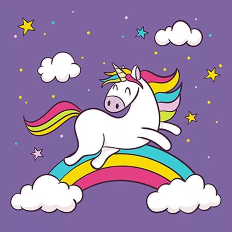 Dibujo de Unicornio sobre Nubes en el Fondo Morado Pintar por Números Niños