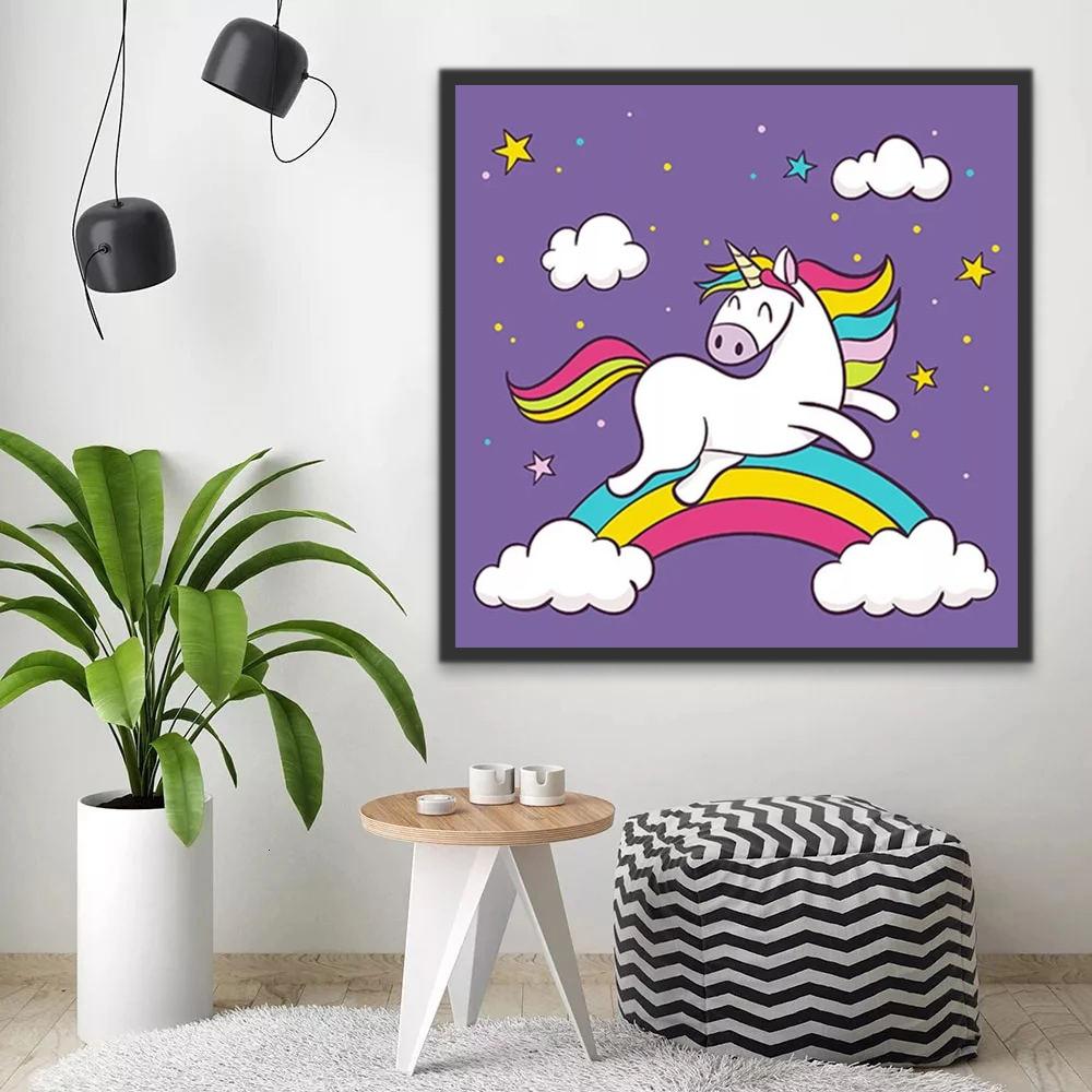 Dibujo de Unicornio y Arco Iris en el Fondo Morado Pintar por Números Niños