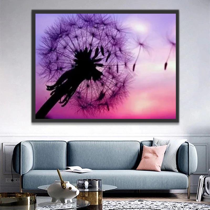 Diente de León en el Viento con Cielo Morado y Rosado Pintar por Números
