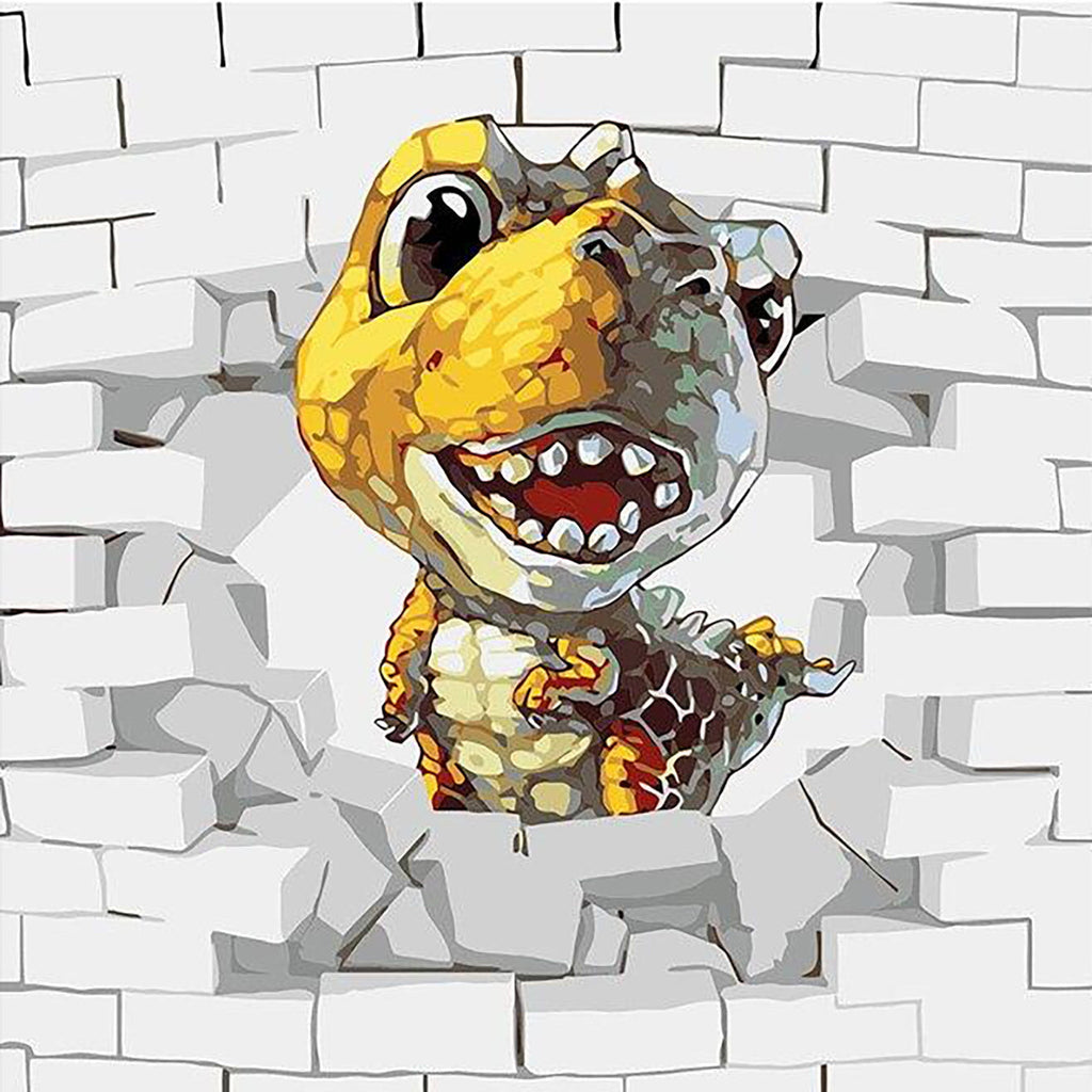 Dinosaurio Adorable en Agujero de Pared Blanca Pintar por Números