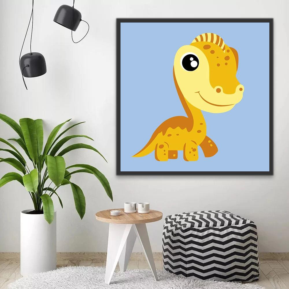 Dinosaurio Amarillo Lindo en Fondo Azul Pintar por Números Niños