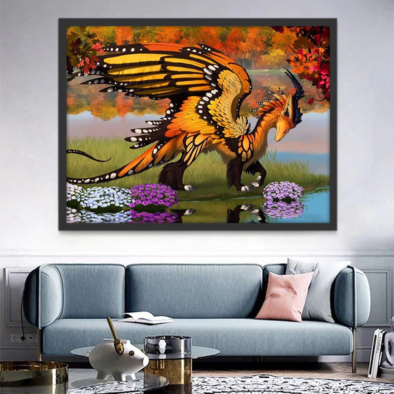 Dinosaurio con Alas de Mariposas al Lado de Agua Pintar por Números