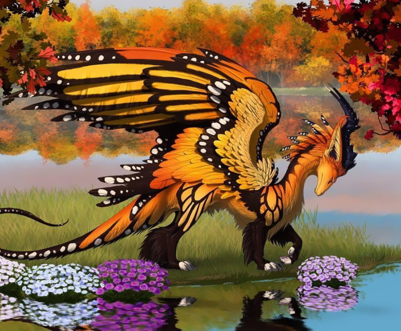 Dinosaurio con Alas de Mariposas al Lado de Agua Pintar por Números