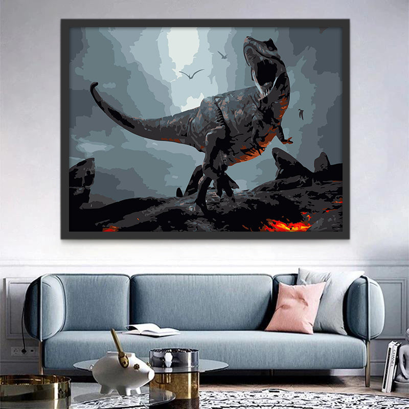Dinosaurio Rugiendo sobre Volcán con Magma Pintar por Números