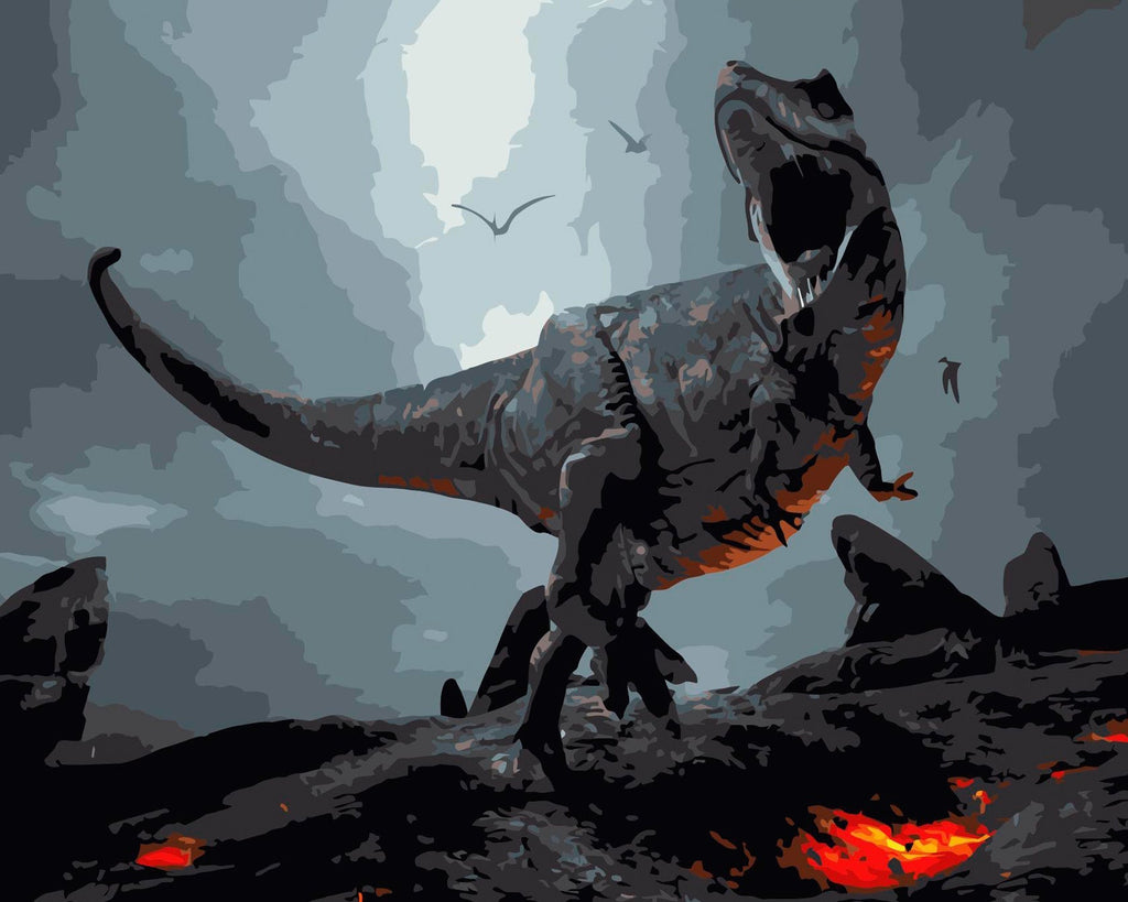 Dinosaurio Rugiendo sobre Volcán con Magma Pintar por Números