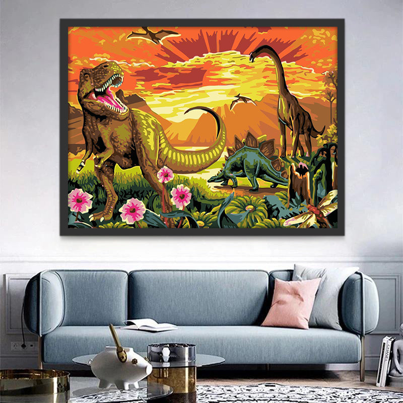 Dinosaurios y Puesta del Sol en la Pradera Pintar por Números