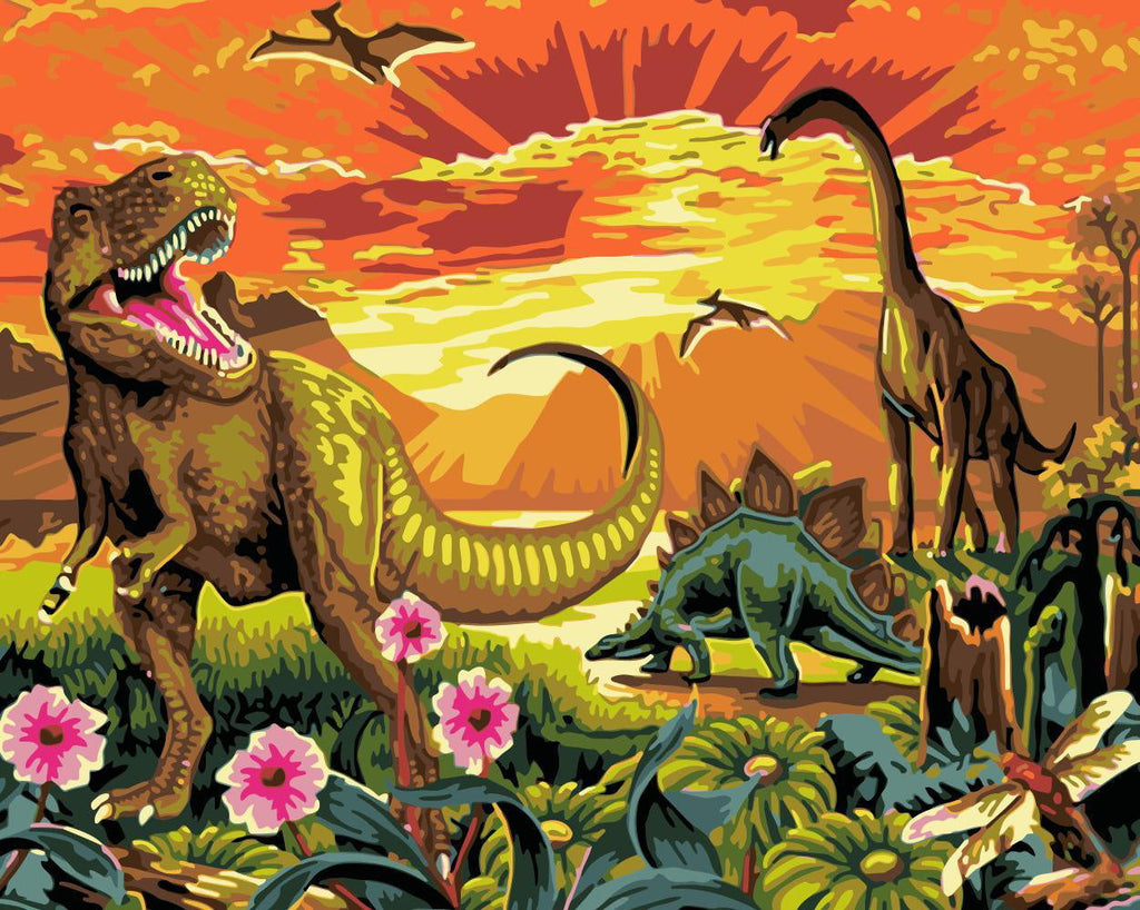 Dinosaurios y Puesta del Sol en la Pradera Pintar por Números