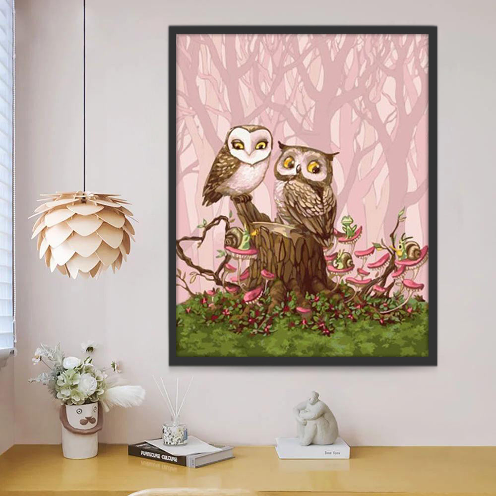Dos Búhos y Hongos Rosas Pintar por Números