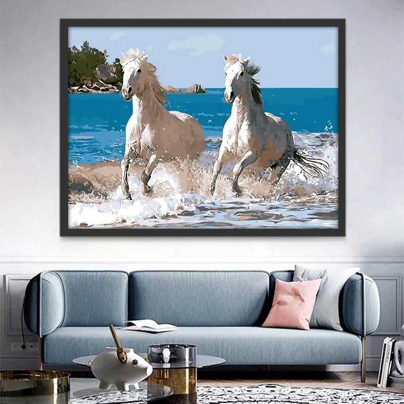 Dos Caballos Blancos Corriendo por la Playa Pintar por Números