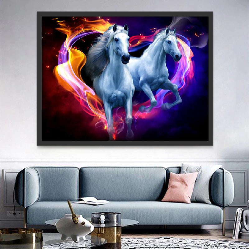 Dos Caballos Blancos en Corazón Fuego Pintar por Números