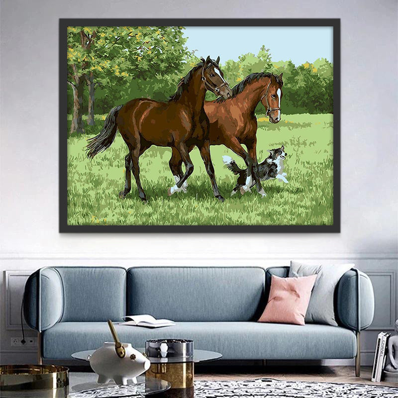 Dos Caballos Marrones y Perro en Césped Pintar por Números