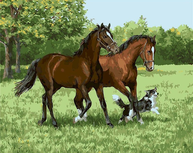 Dos Caballos Marrones y Perro en Césped Pintar por Números