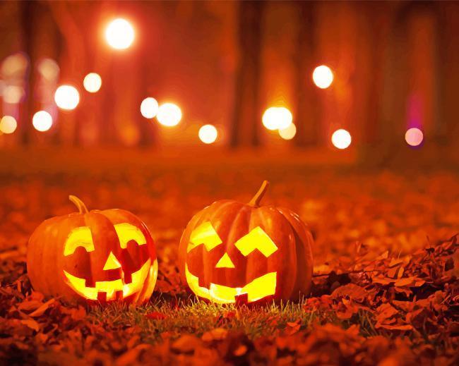 Dos Calabazas en el Césped de Bosque Pintar por Números