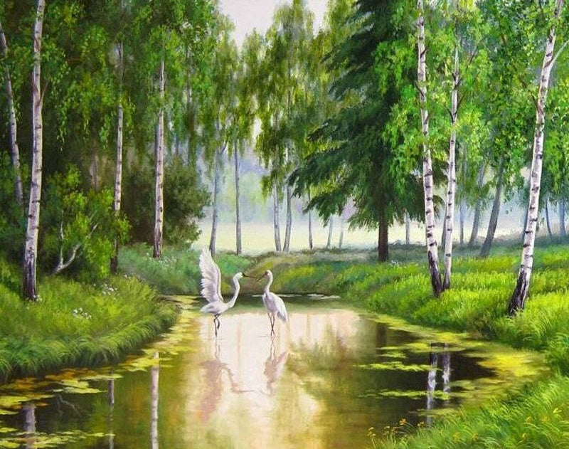 Dos Garcetas y Río en los Abedules Pintar por Números