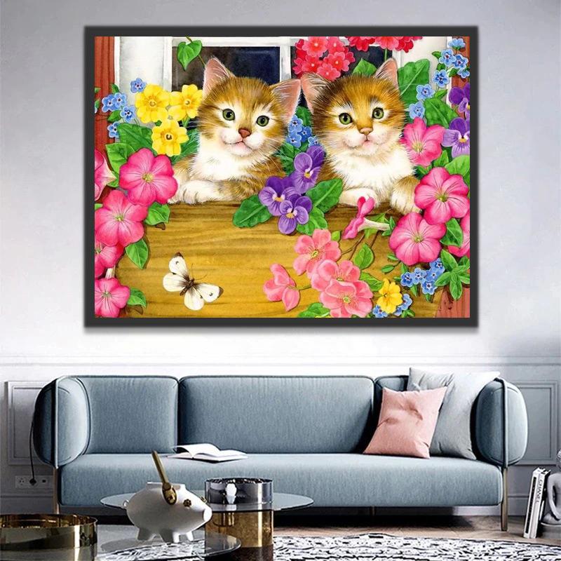 Dos Gatitos Adorables en Caja de Madera y Flores Coloridas Pintar por Números