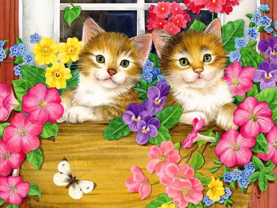 Dos Gatitos Adorables en Caja de Madera y Flores Coloridas Pintar por Números