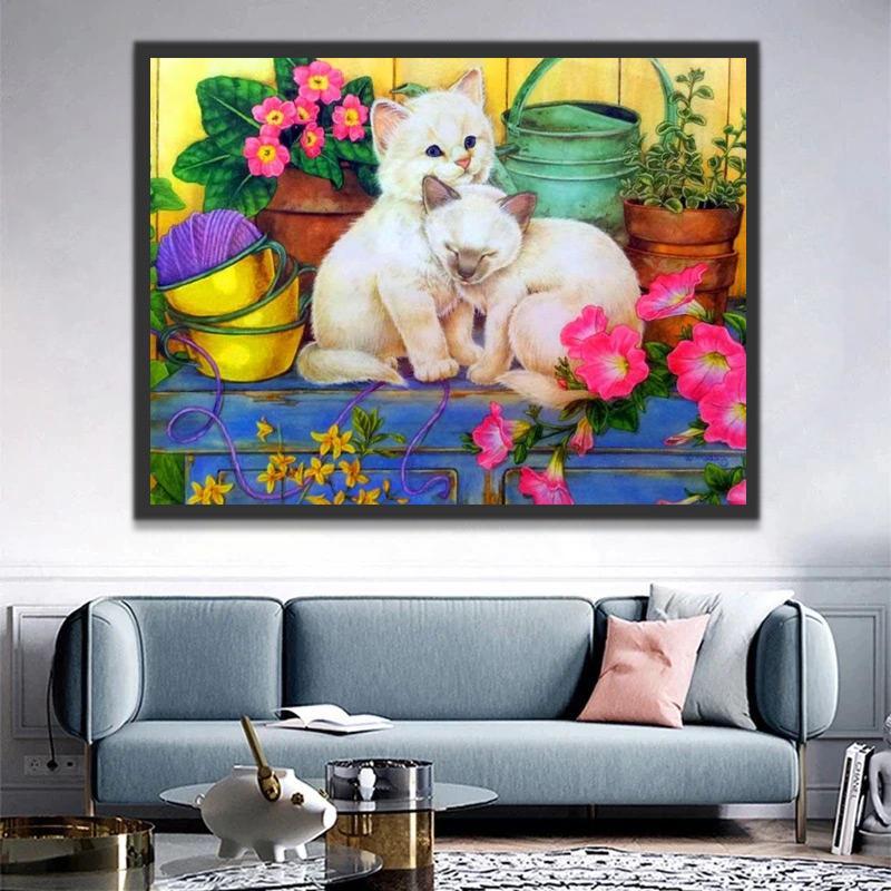 Dos Gatos Blancos y Macetas de Plantas Pintar por Números