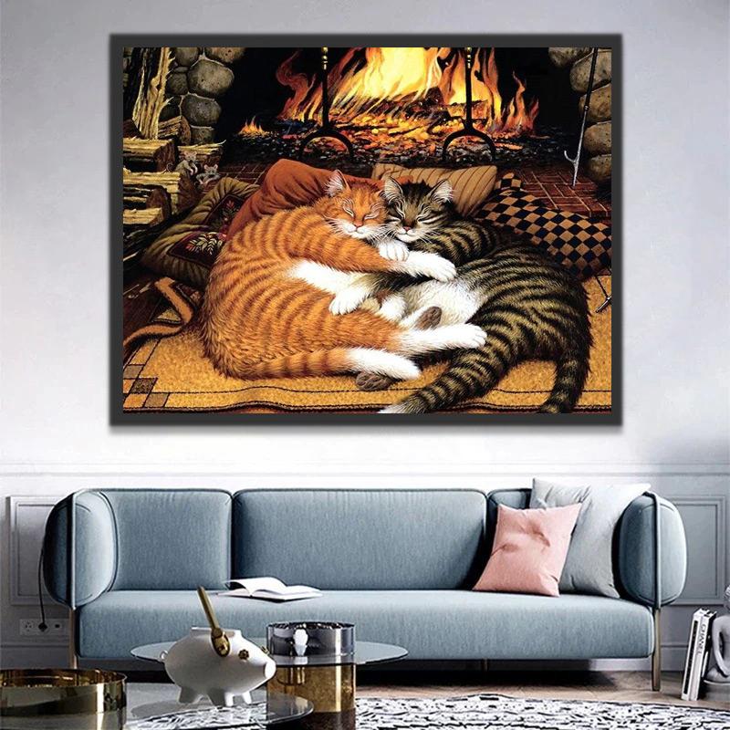 Dos Gatos Durmiendo al Lado de Chimenea Pintar por Números