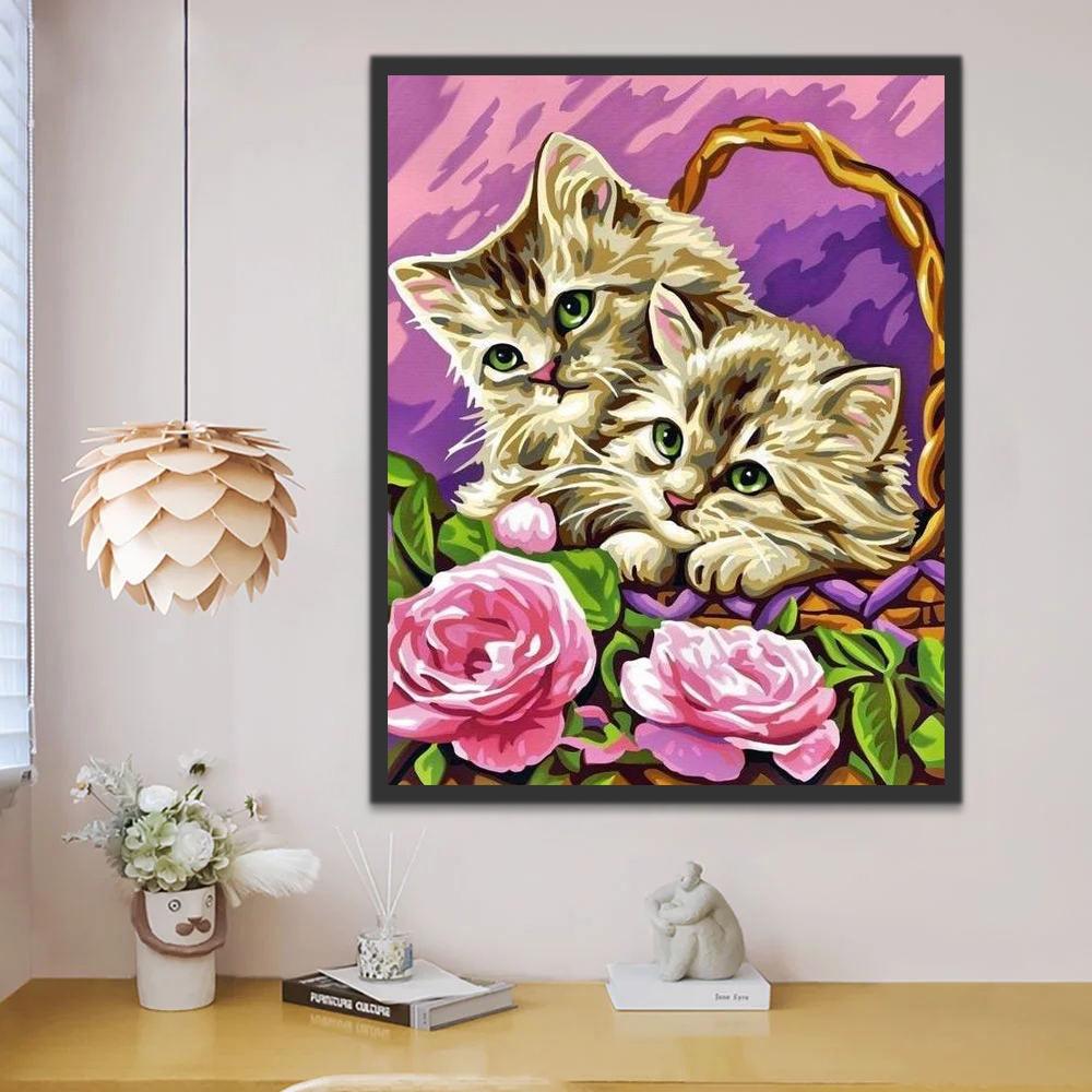 Dos Gatos en la Canastilla de Flores Pintar por Números