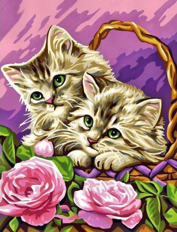 Dos Gatos en la Canastilla de Flores Pintar por Números