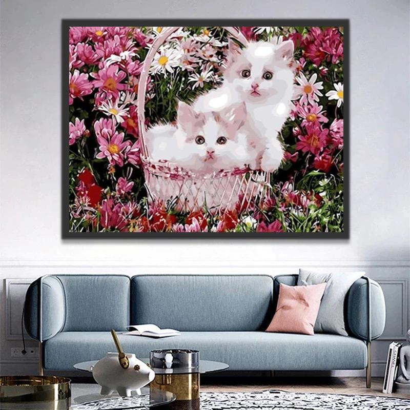 Dos Gatos en la Canastilla Rodeados de Flores Rosas Pintar por Números
